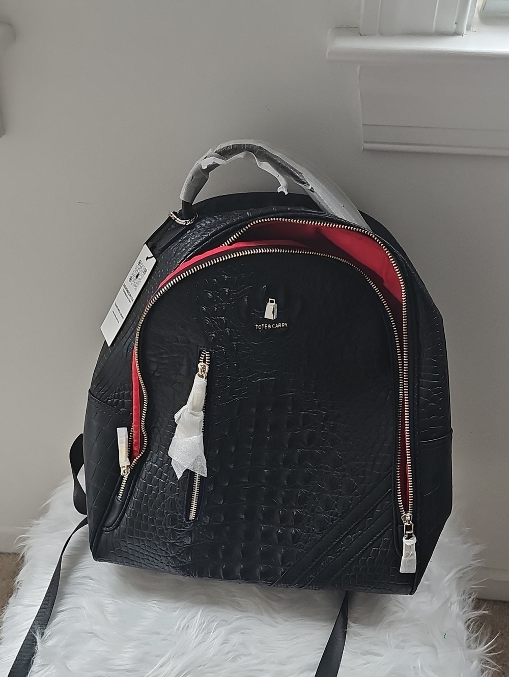 Totes & Carry Black Croc-Embossed Backpack with Red Interior Trim